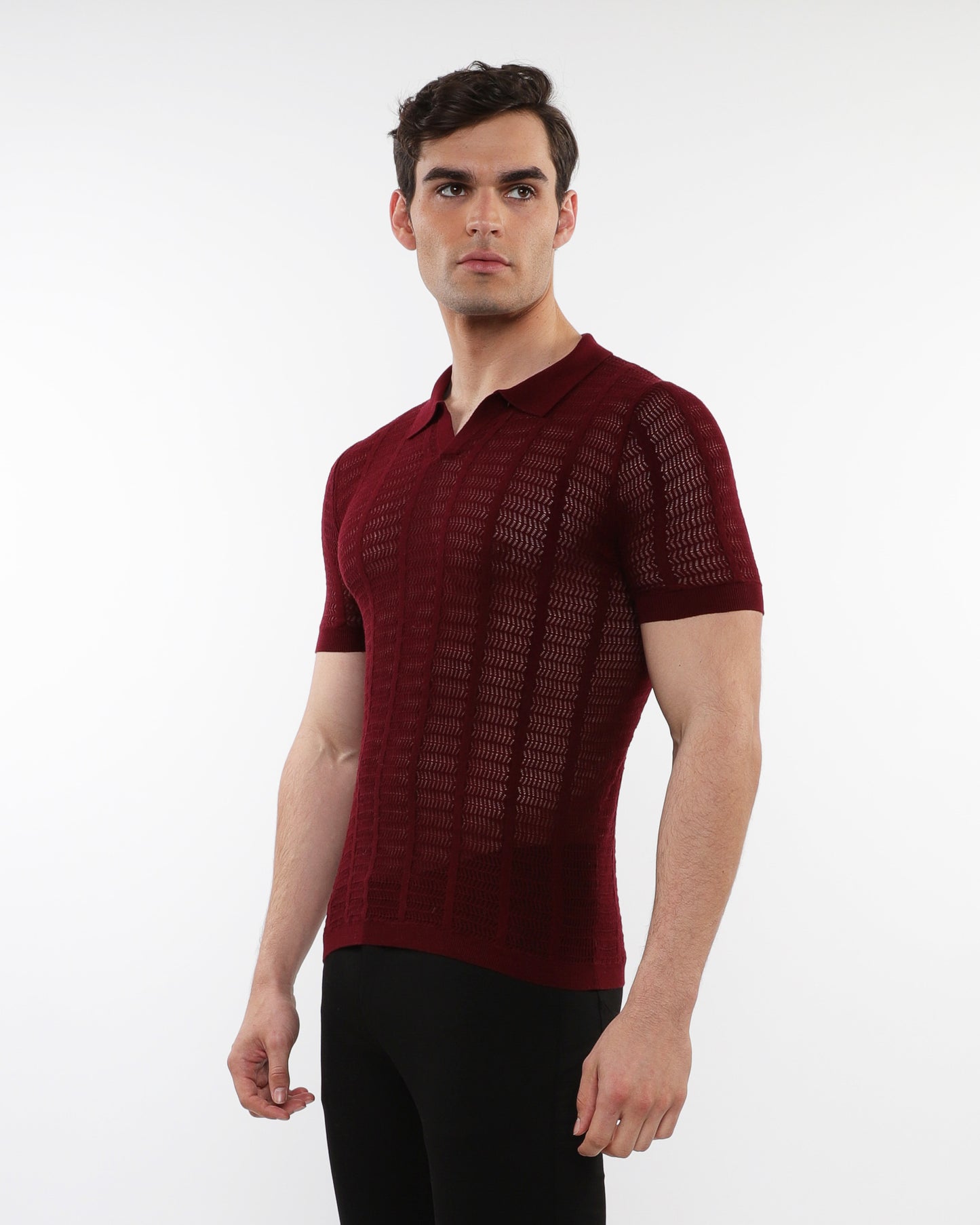 PostMarc Maroon Open Collar Mesh Knit Shirt