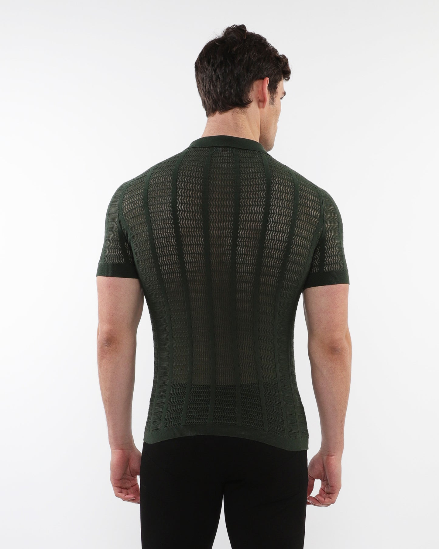 PostMarc Ranger Green Open Collar Mesh Knit Shirt