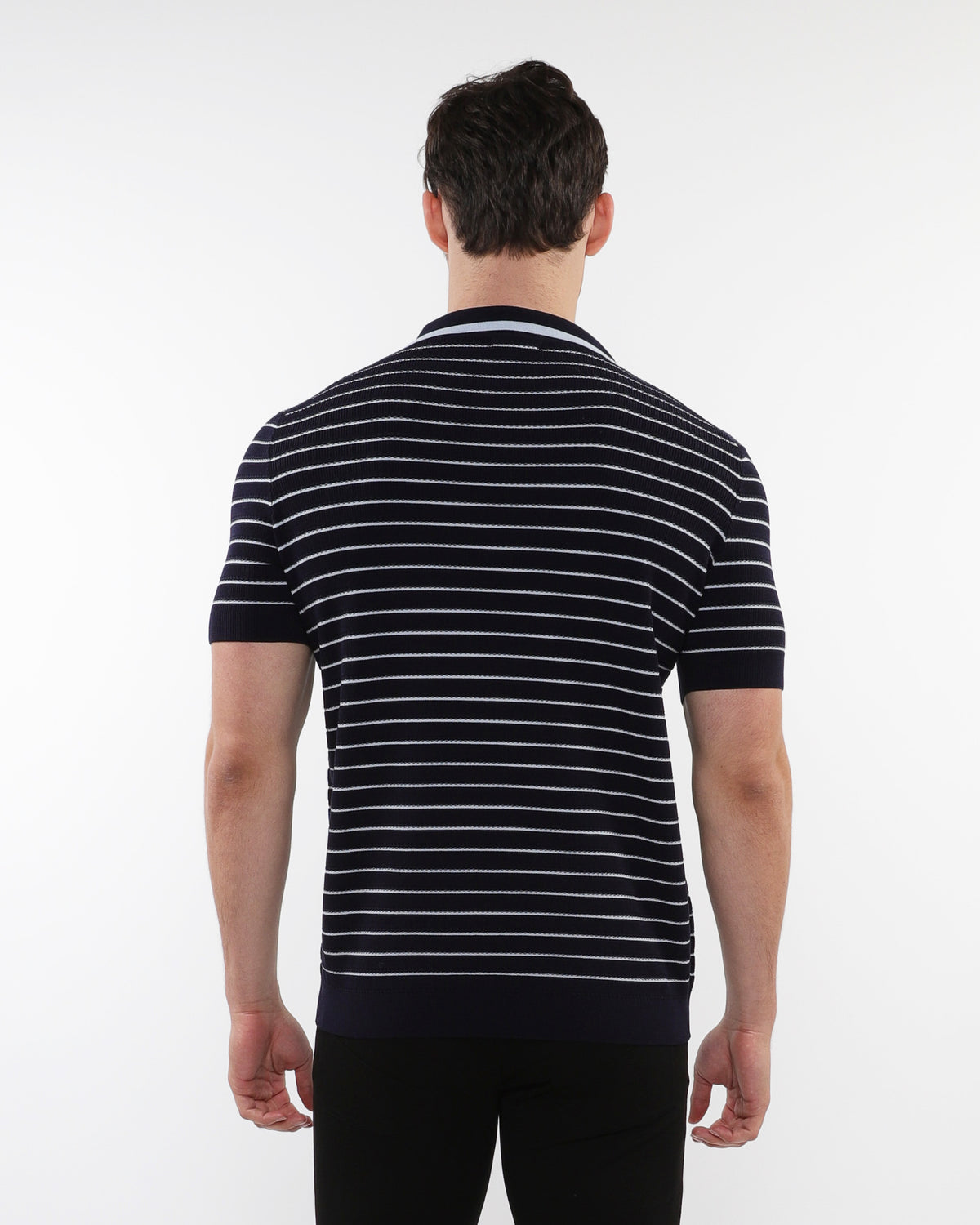 Postmarc Navy/Artic Open Collar Textured Silk Tencel Knit Polo