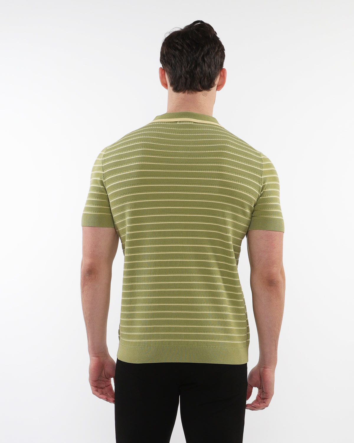Postmarc Olive Open Collar Textured Silk Tencel Knit Polo