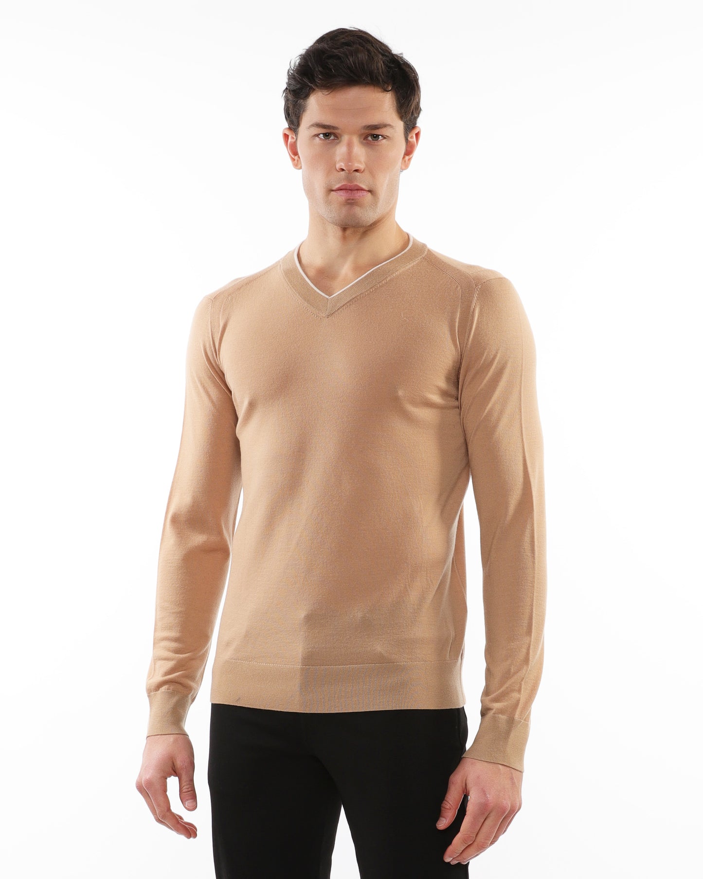 PostMarc Camel/Oat Contrast V-Neck Knit Wool Sweater