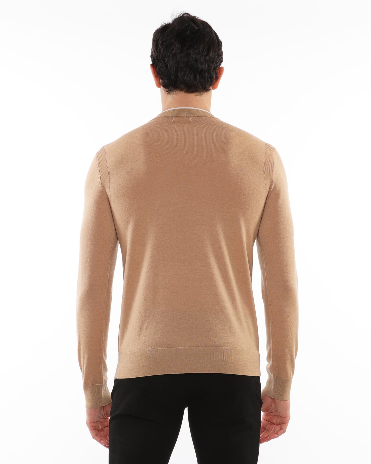 PostMarc Camel/Oat Contrast V-Neck Knit Wool Sweater