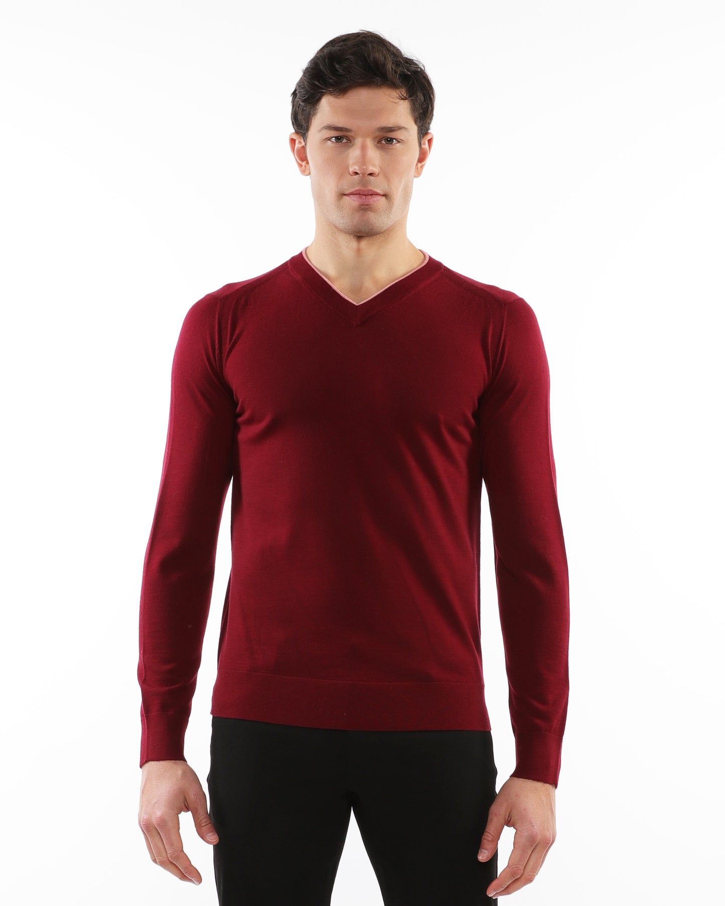 PostMarc Wine/Punch Contrast V-Neck Knit Wool Sweater