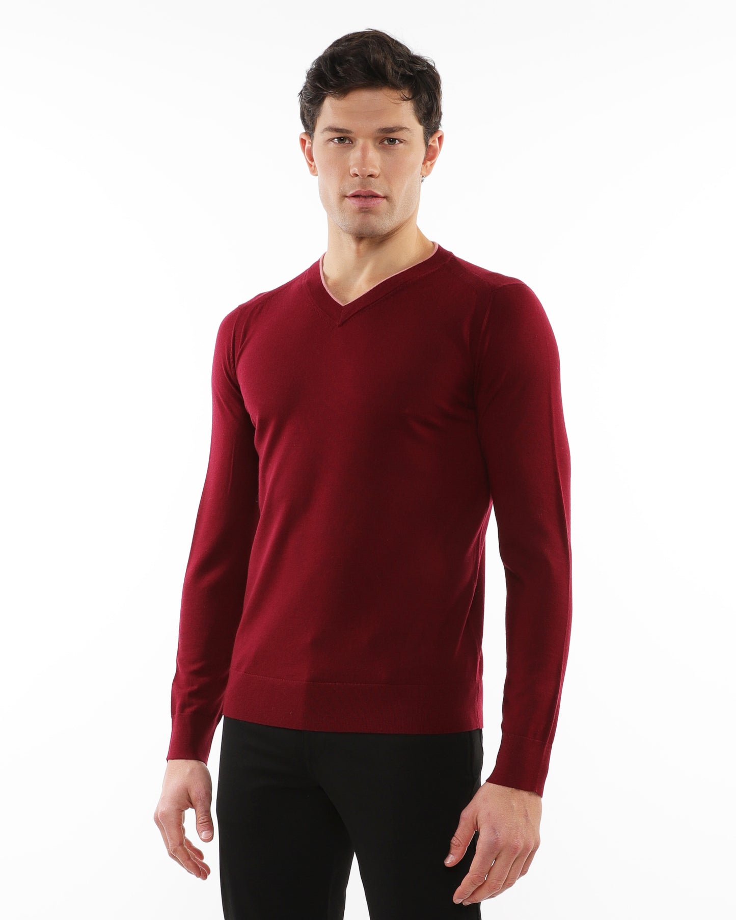 PostMarc Wine/Punch Contrast V-Neck Knit Wool Sweater