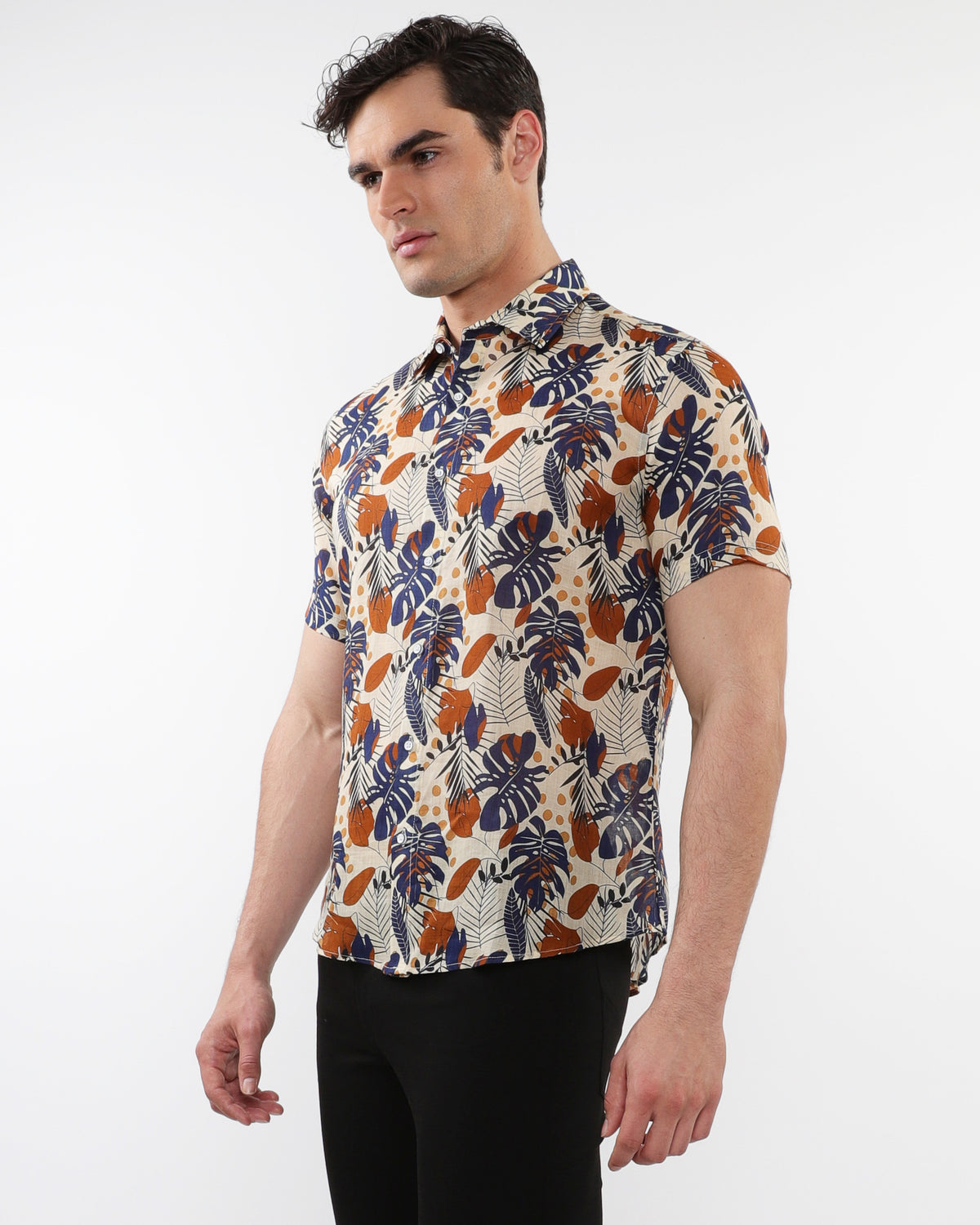 Postmarc Ecru/Navy Leaves Printed Linen Tercel SS Shirt
