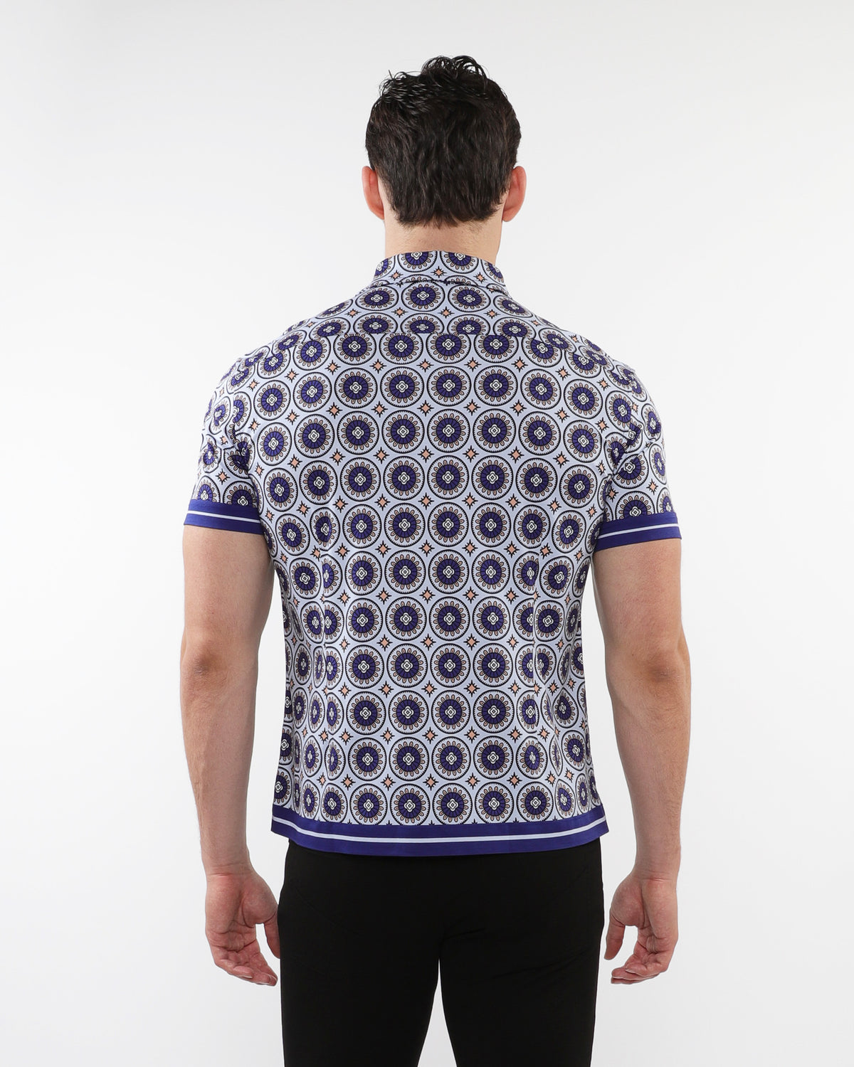 Postmarc Navy/Gold Medallion Printed SS Knit Shirt
