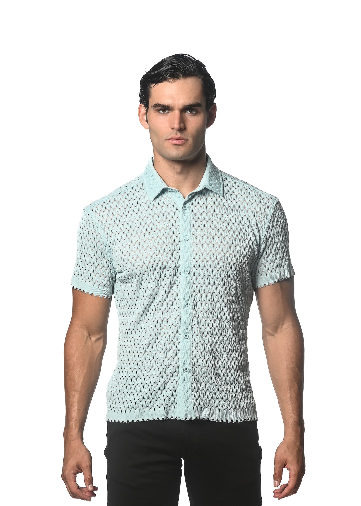 St33le Baby Blue Wave Gossamer Knit SS Shirt