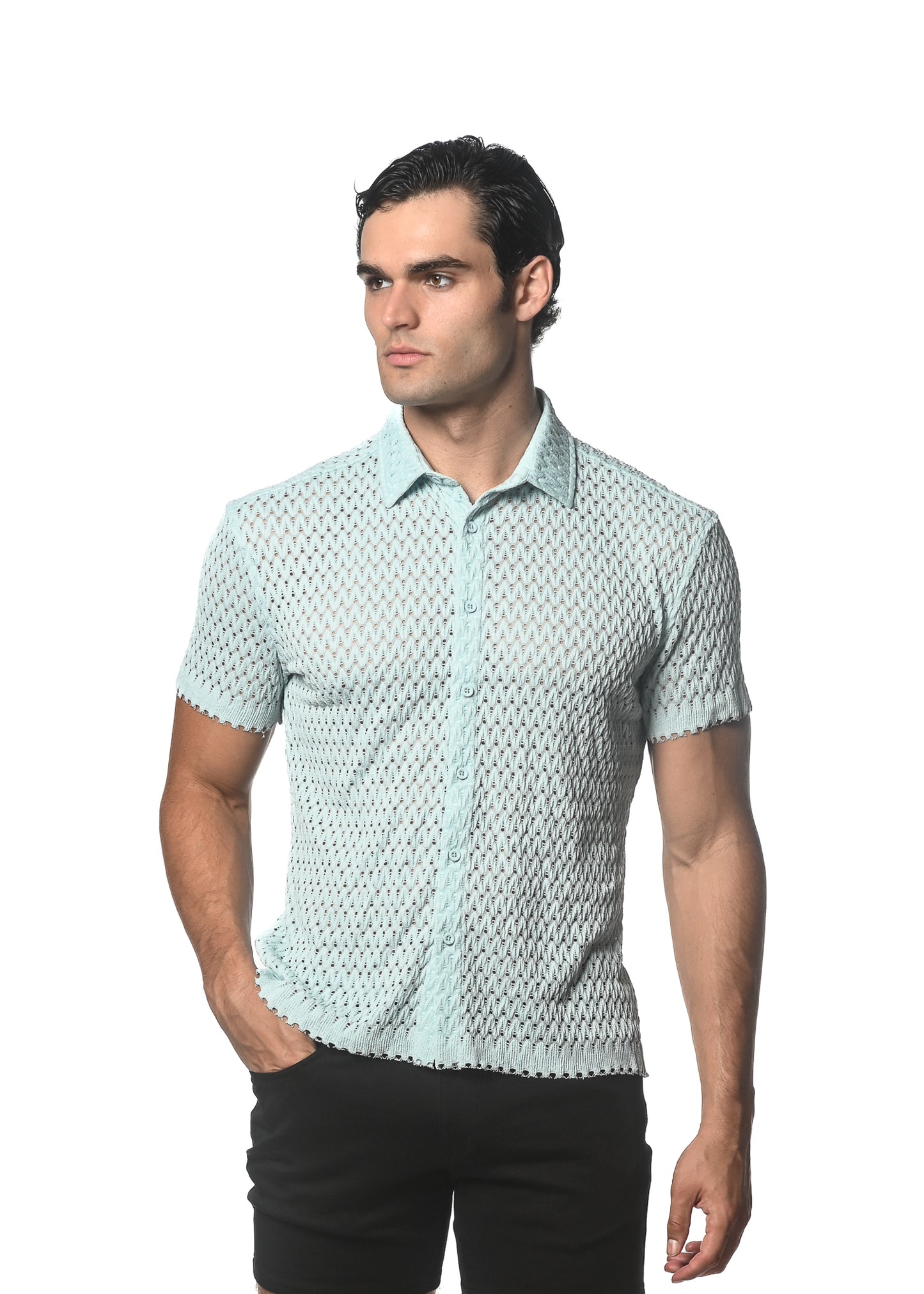 St33le Baby Blue Wave Gossamer Knit SS Shirt