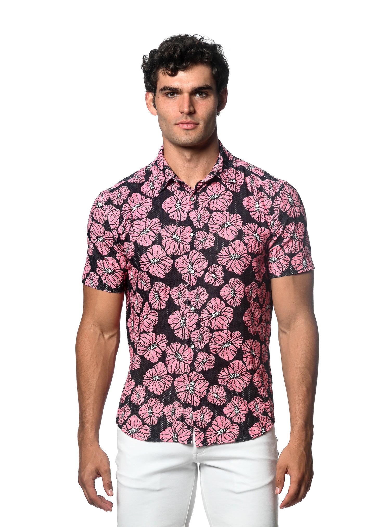 St33le Pink Black Floral Knit SS Shirt