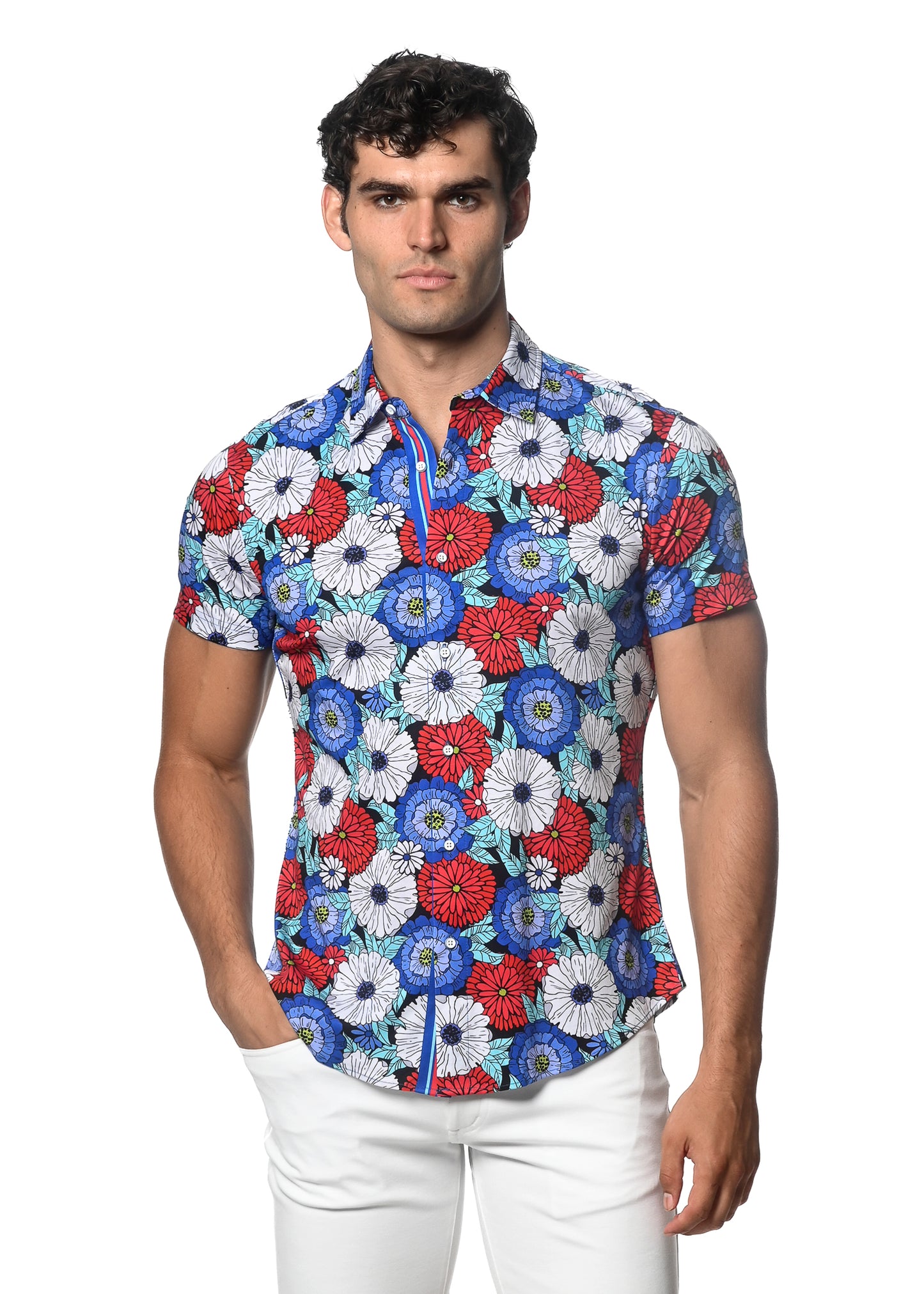 St33le Teal/Purple Floral Printed Button Up Shirts