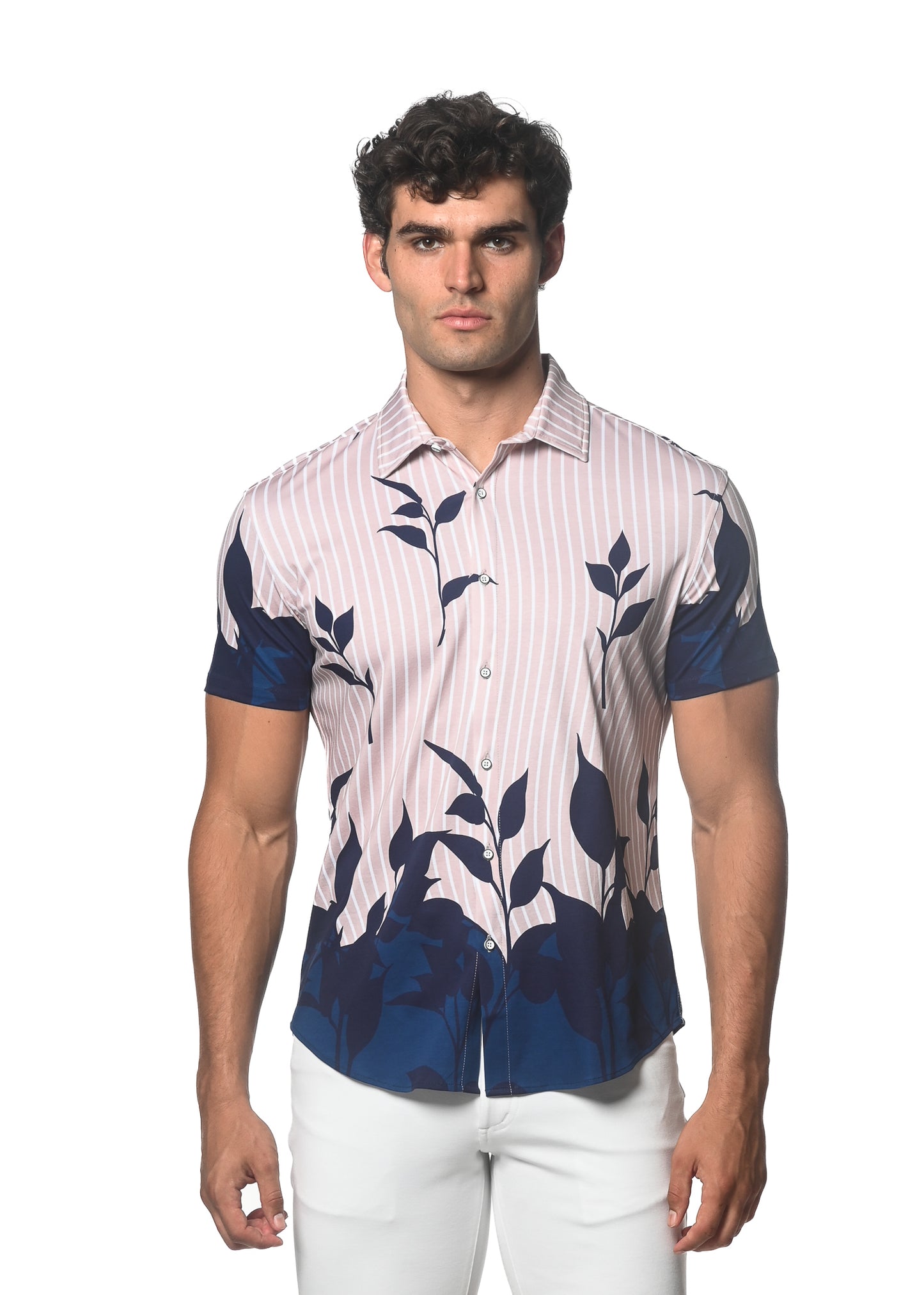St33le Navy Beige Leaves Knit SS Shirt