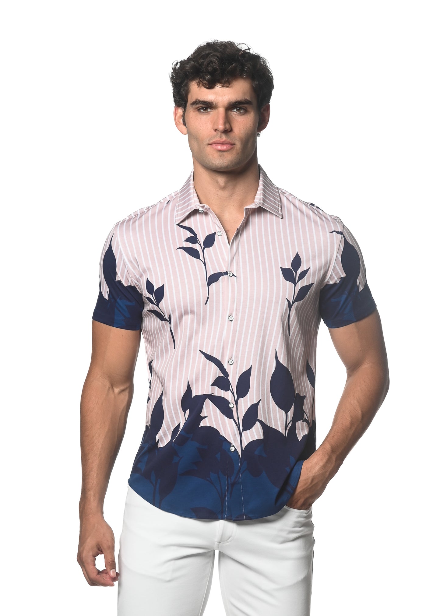 St33le Navy Beige Leaves Knit SS Shirt