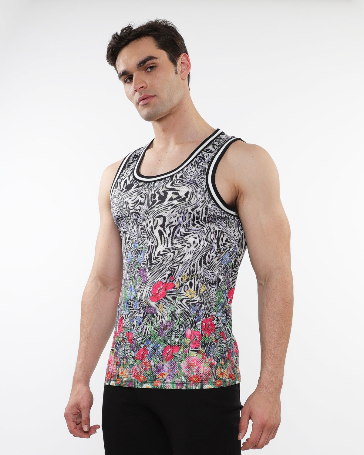 ST33le Black/Multi Jungle Printed Mesh Tank