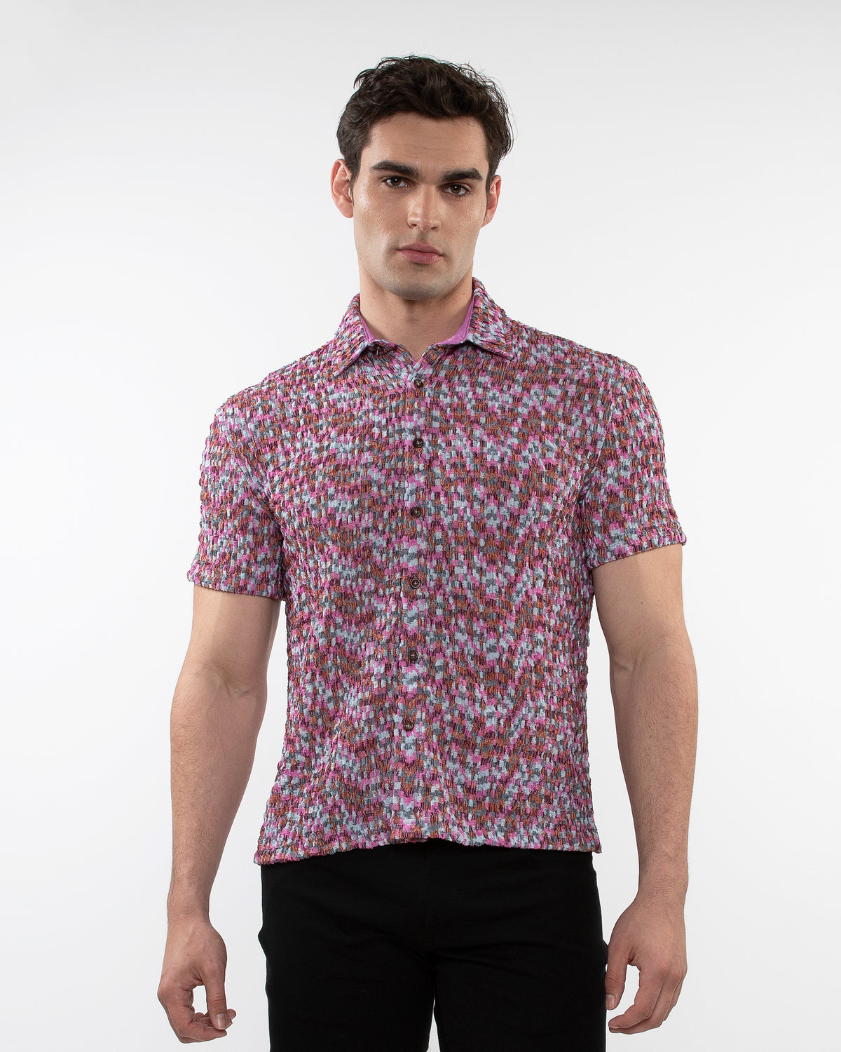 ST33le Pink Stretch Crinkle Knit SS Shirt