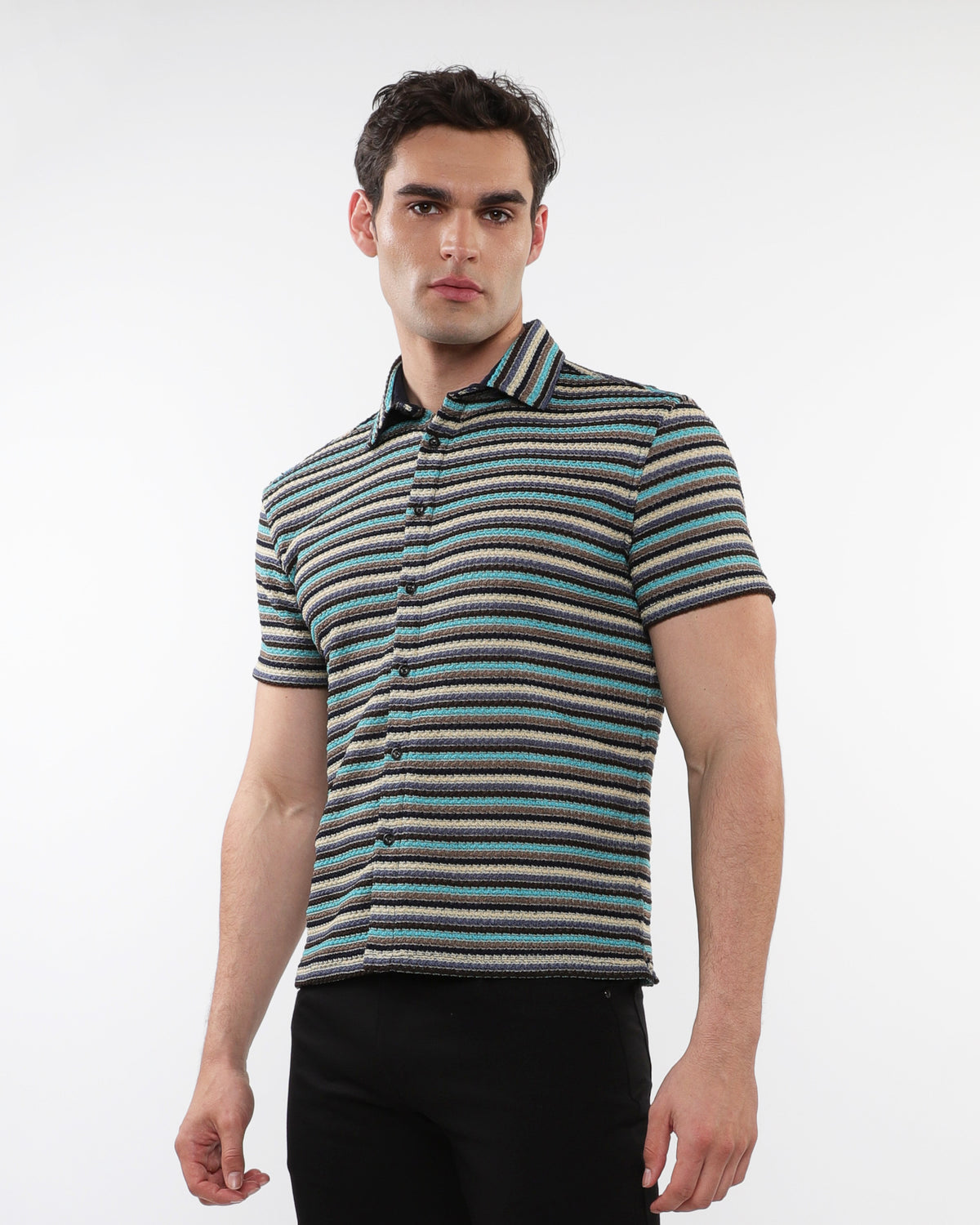 ST33le Teal/Blue Stripe Open Knit SS Shirt