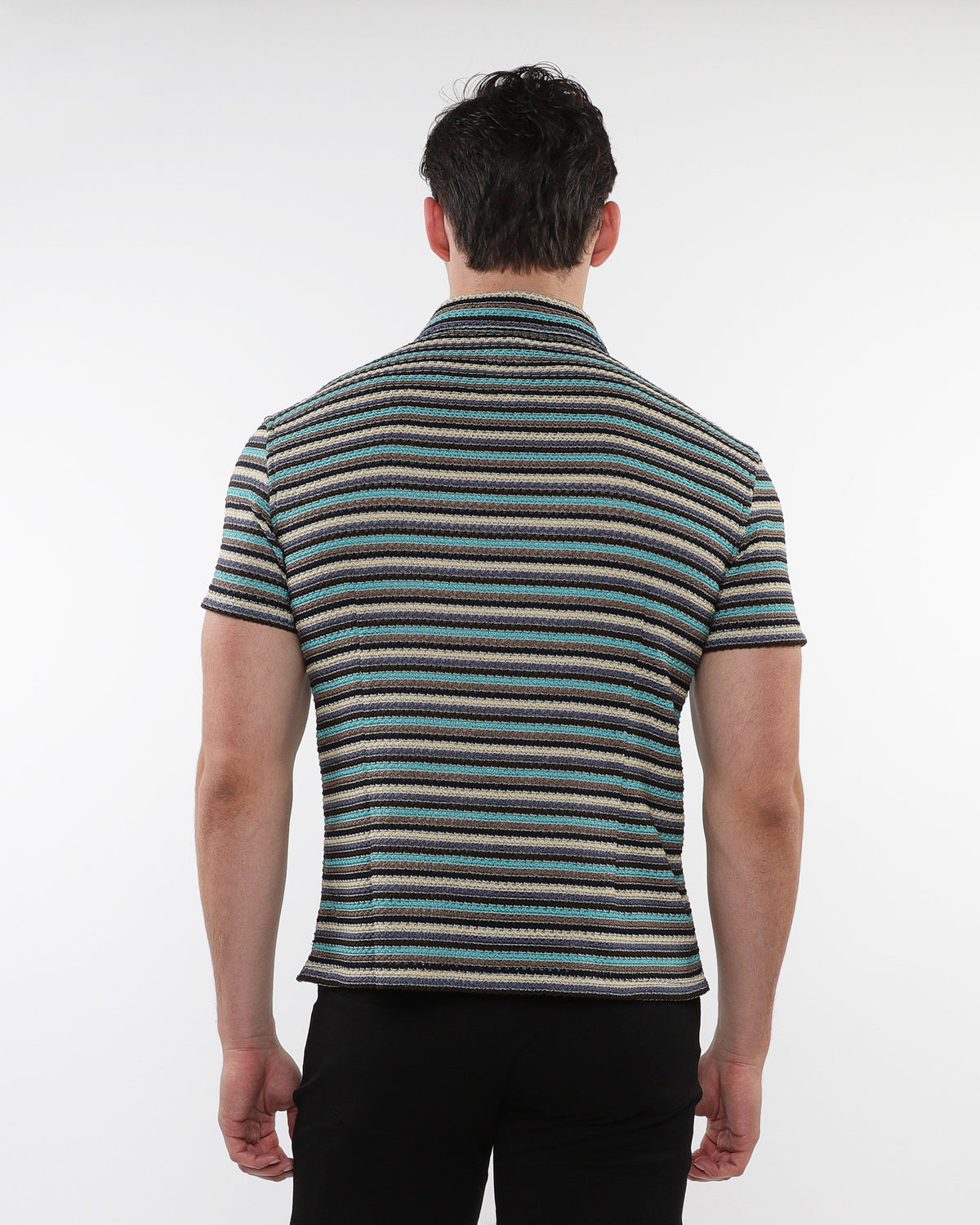 ST33le Teal/Blue Stripe Open Knit SS Shirt