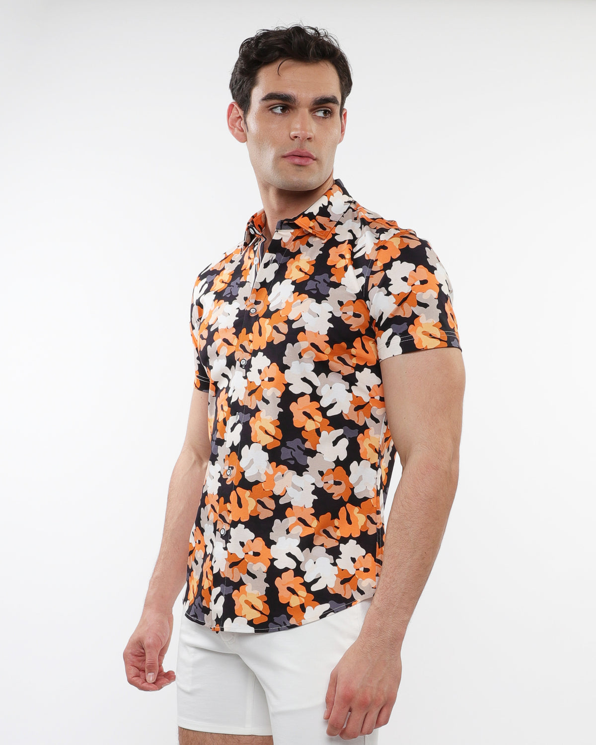 ST33le Grey/Orange Floral Printed Cotton Knit SS Shirt
