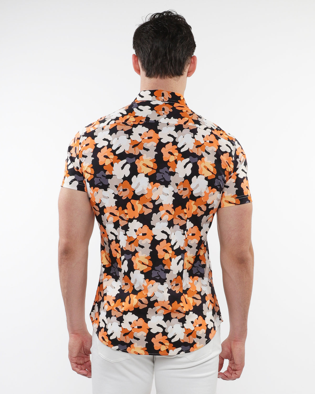 ST33le Grey/Orange Floral Printed Cotton Knit SS Shirt