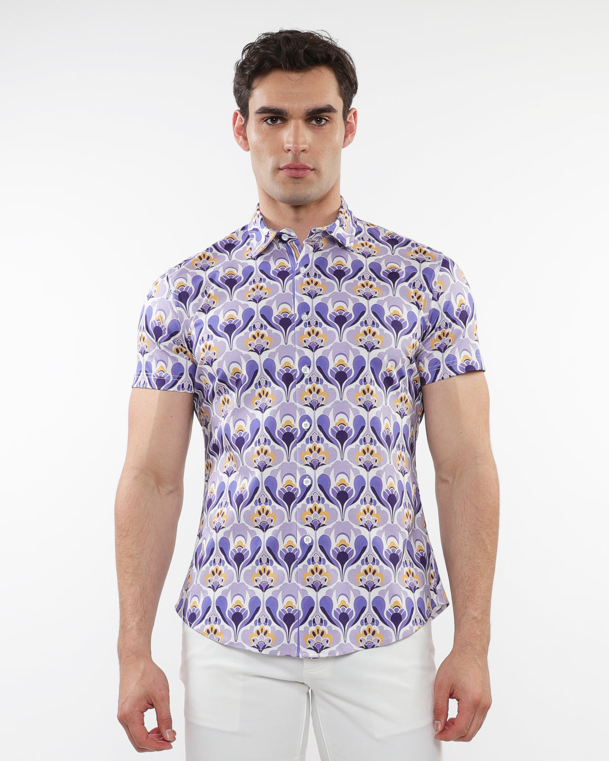 ST33le Purple/Gold Floral Printed Cotton Knit SS Shirt