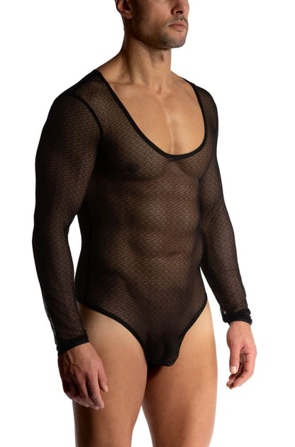 MANSTORE Black Graphic Lace Long Sleeve Body Suit