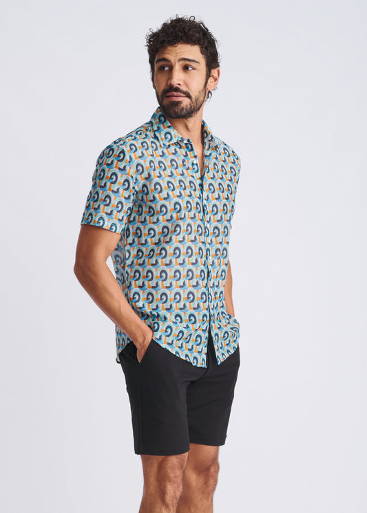 Postmarc Teal Swirls Cotton/Silk SS Shirt