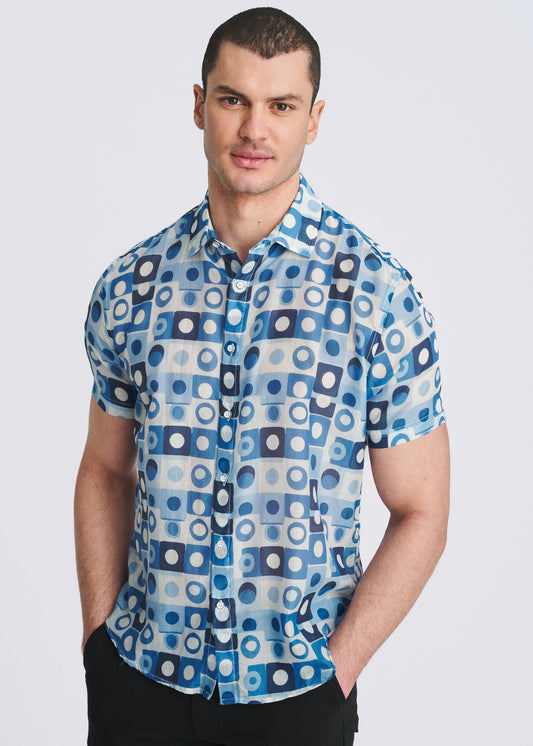 Postmarc Squares Printed Cotton/Silk SS Shirt