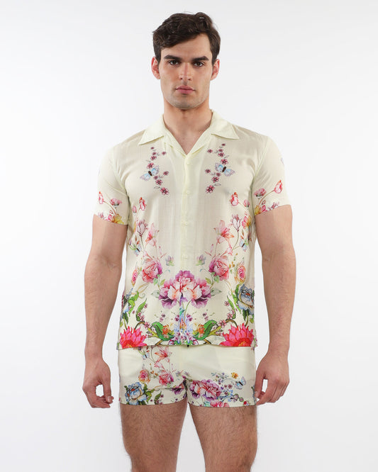 Postmarc Cream/Multi Printed Woven Modal SS Shirt