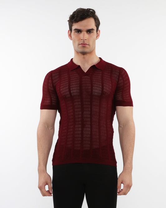 PostMarc Maroon Open Collar Mesh Knit Shirt