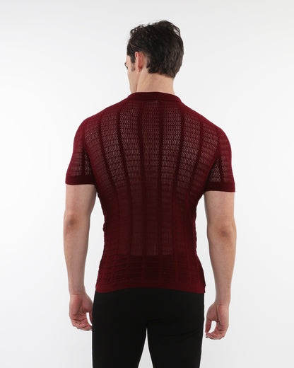 PostMarc Maroon Open Collar Mesh Knit Shirt