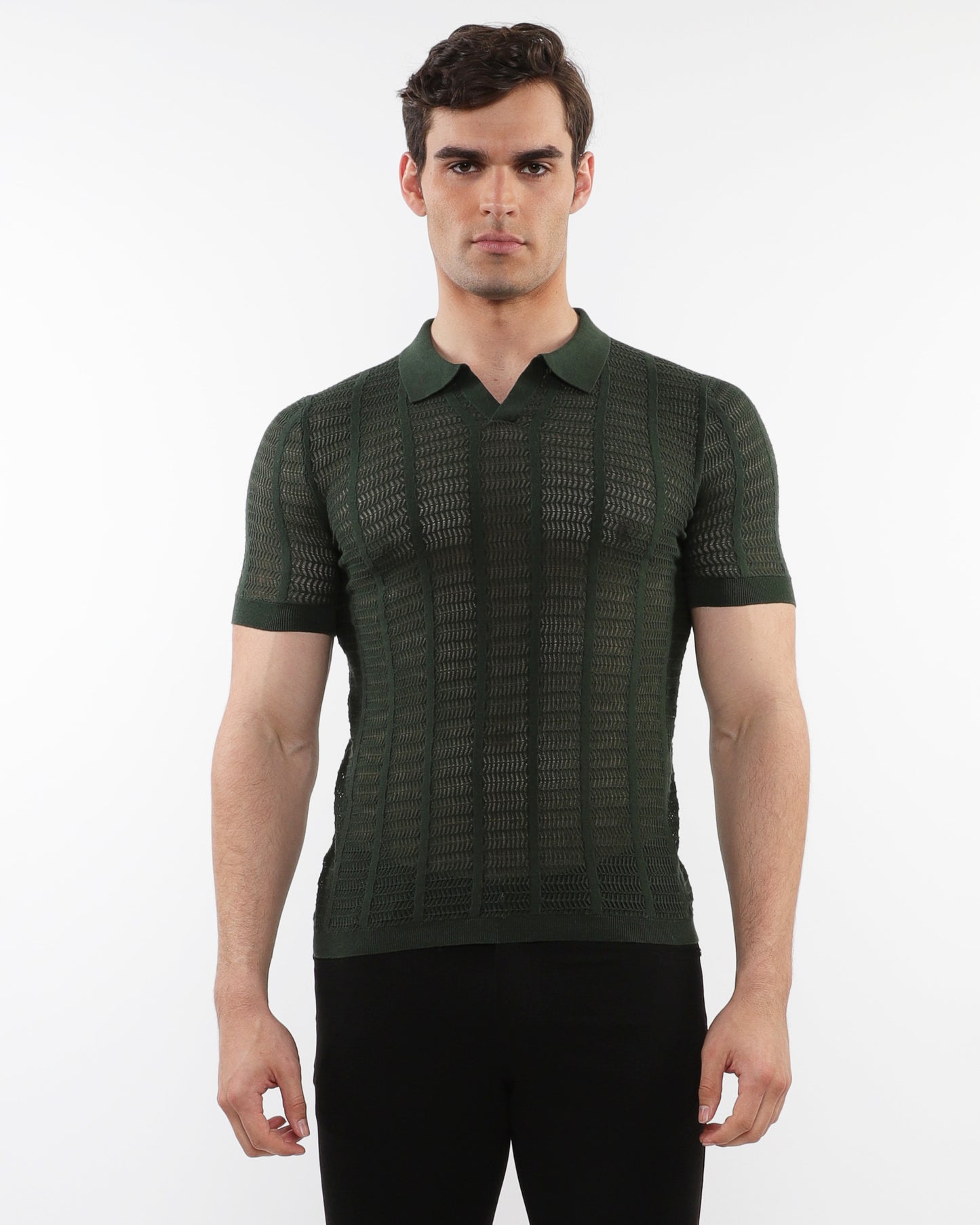 PostMarc Ranger Green Open Collar Mesh Knit Shirt