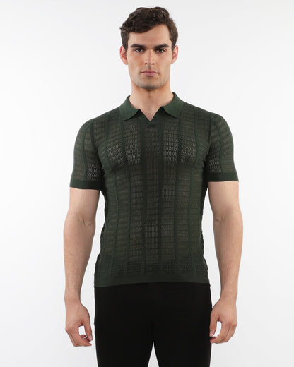 PostMarc Ranger Green Open Collar Mesh Knit Shirt