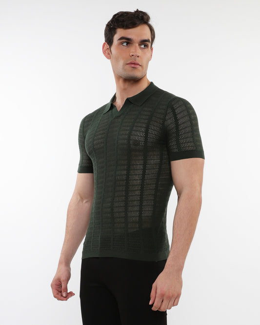 PostMarc Ranger Green Open Collar Mesh Knit Shirt