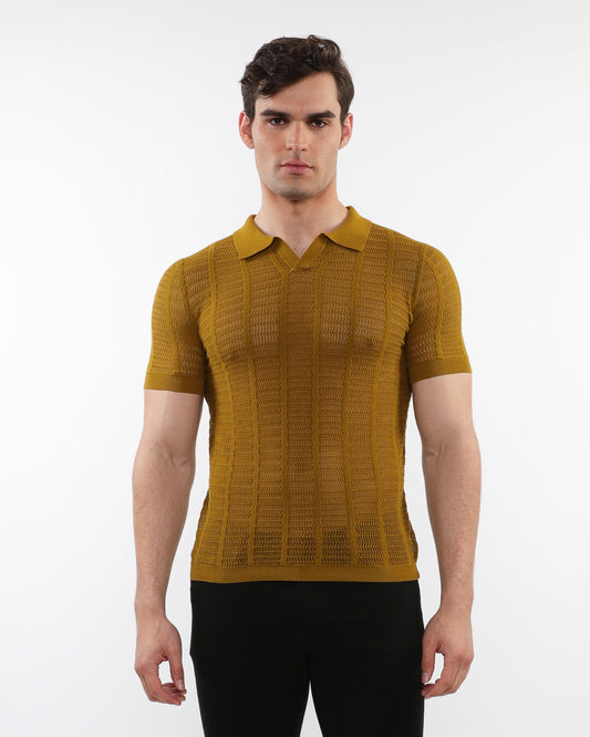 PostMarc Whiskey Open Collar Mesh Knit Shirt