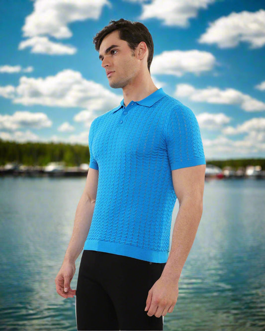 Postmarc Azure Textured Chevron 3-Button Knit SS Shirt