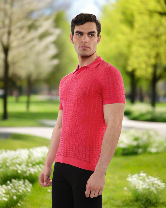 Postmarc Coral Textured Chevron 3-Button Knit SS Shirt