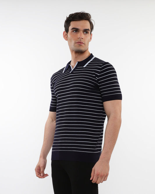 Postmarc Navy/Artic Open Collar Textured Silk Tencel Knit Polo