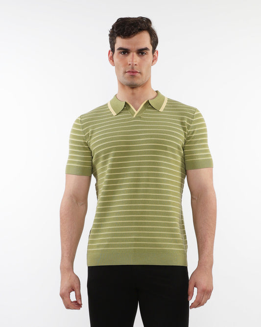Postmarc Olive Open Collar Textured Silk Tencel Knit Polo