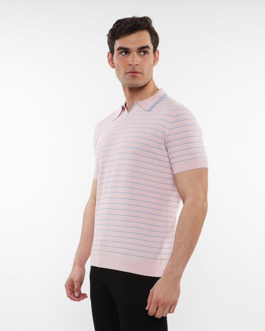 Postmarc Pink Open Collar Textured Silk Tencel Knit Polo