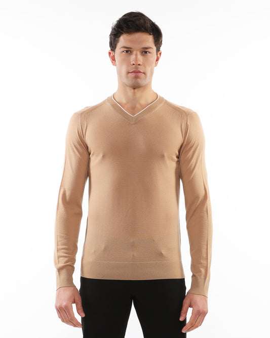 PostMarc Camel/Oat Contrast V-Neck Knit Wool Sweater