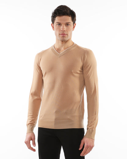 PostMarc Camel/Oat Contrast V-Neck Knit Wool Sweater