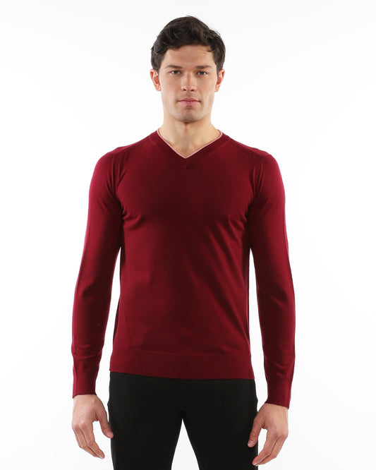 PostMarc Wine/Punch Contrast V-Neck Knit Wool Sweater