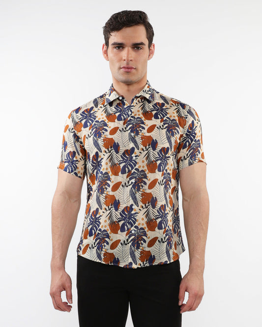 Postmarc Ecru/Navy Leaves Printed Linen Tercel SS Shirt