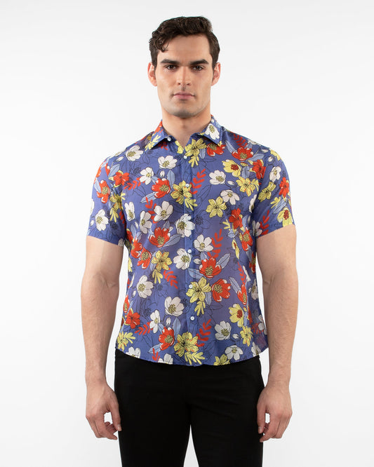 Postmarc Purple Spice Floral Printed Cotton Silk SS Shirt