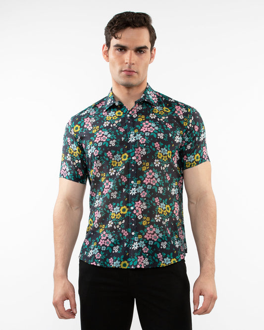 Post Marc Navy/Teal Floral Cotton Silk SS Shirt