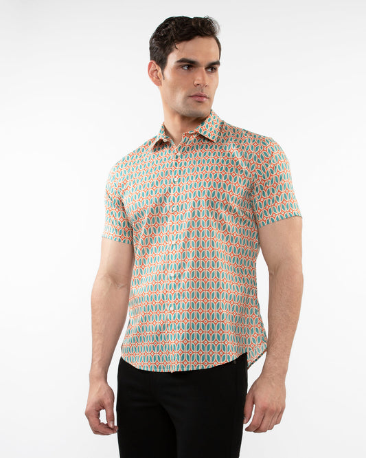 Postmarc Teal/Coral Ovals Printed Cotton Tencel SS Shirt