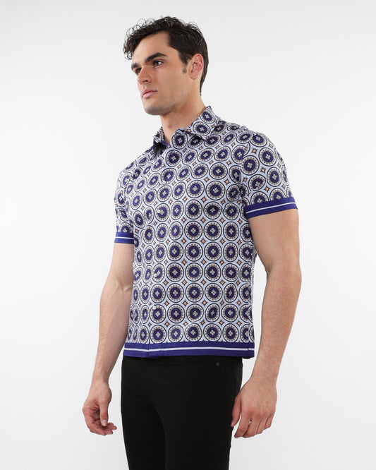 Postmarc Navy/Gold Medallion Printed SS Knit Shirt