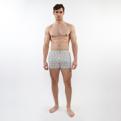 Postmarc Teal/Coral Printed Seersucker Swim Short
