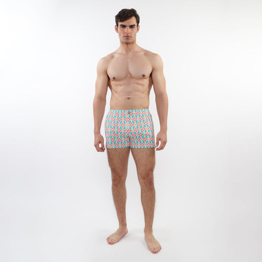 Postmarc Teal/Coral Printed Seersucker Swim Short