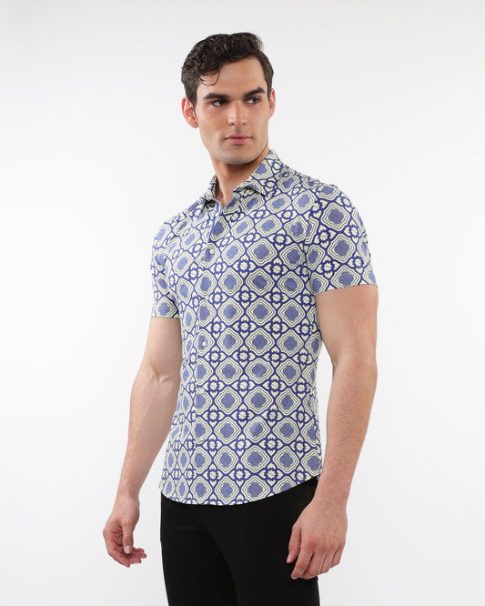 Post Marc Blue/Cream Printed Tiles Performance SS Shirt
