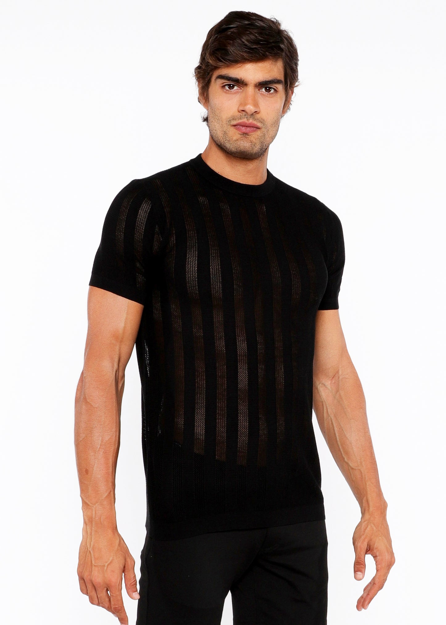 St33le Black Textured Knitted Crew Tee